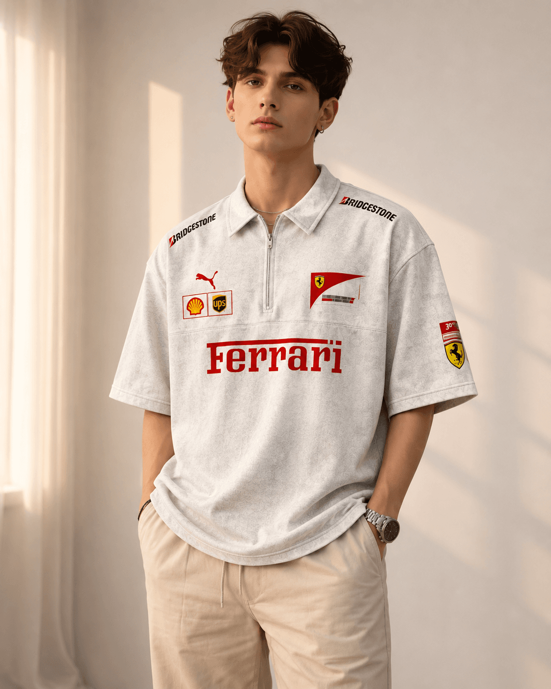 Ferrari Racing Oversized Half-Zip Polo T-Shirt for Men – Premium White Motorsport Streetwear