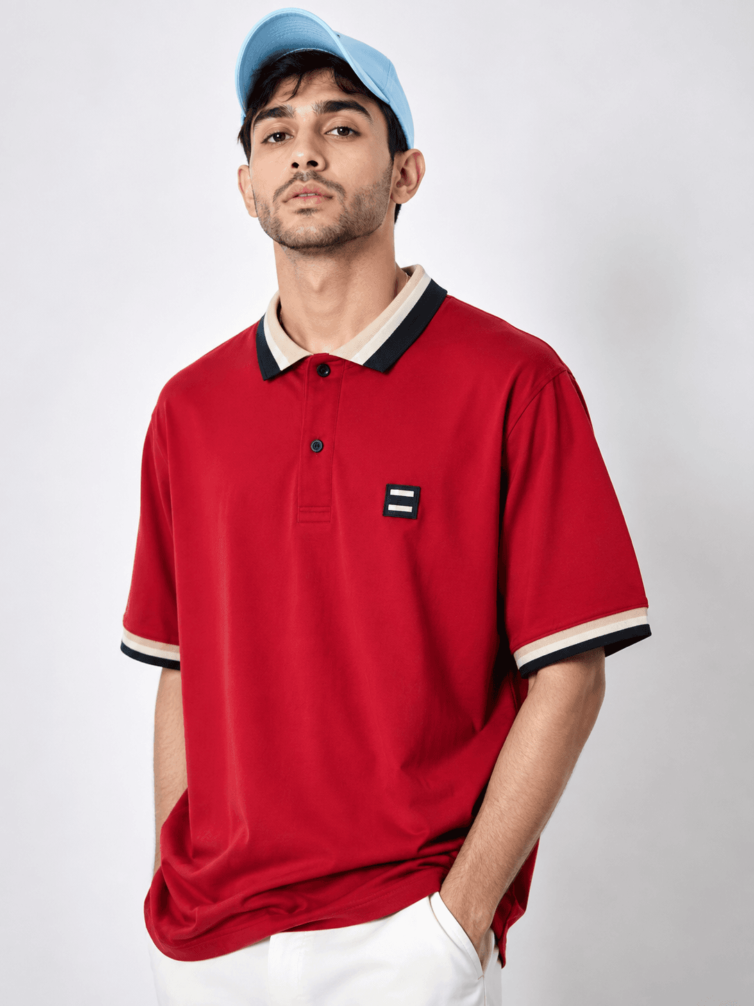 Classic Oversized Red Polo T-Shirt for Men – Premium Contrast Collar Streetwear Polo