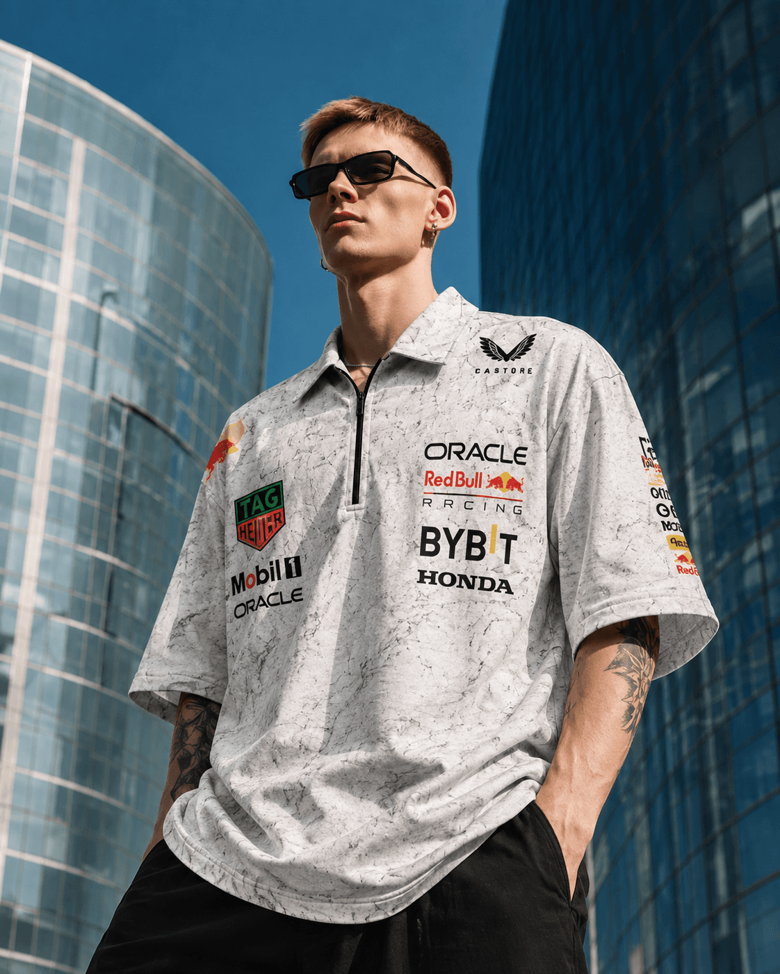 Motorsport Racing Oversized Half-Zip Polo T-Shirt for Men – White Marble Streetwear Edition