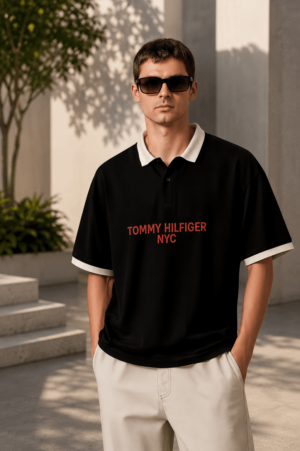 NYC Oversized Black Polo T-Shirt for Men – Premium Contrast Collar Streetwear Polo