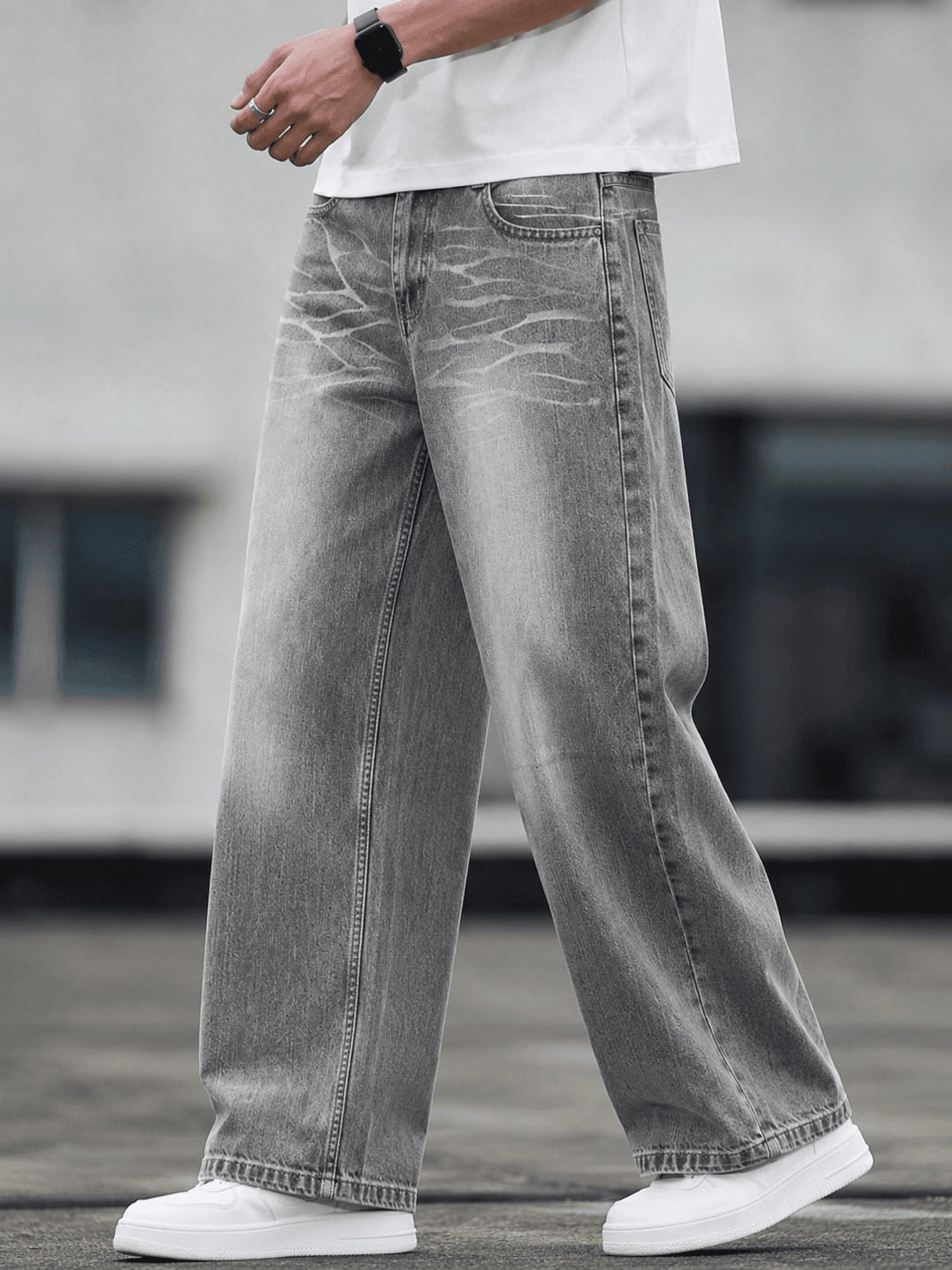 Grey Washed Wide-Leg Graphic Denim Jeans