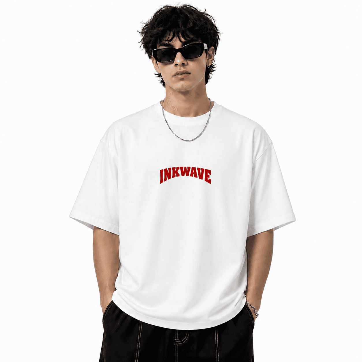 INKWAVE Red Typography White Oversized T-Shirt