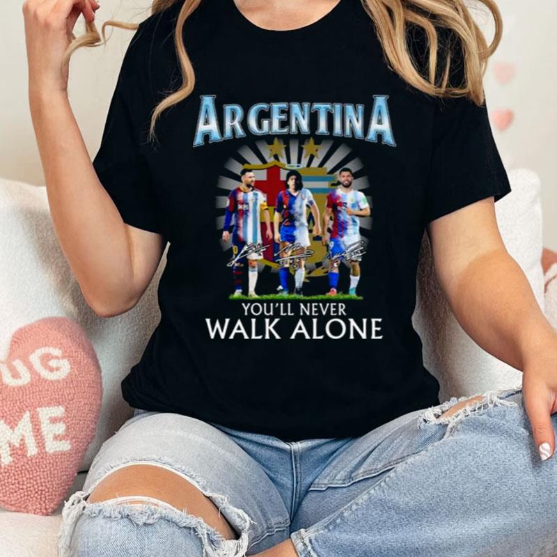 Argentina Lionel Messi Diego Maradona And Sergio Agüero You'll Never Walk Alone Signatures Shirts