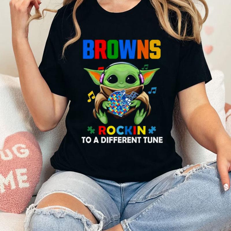 Baby Yoda Hug Cleveland Browns Autism Rockin To A Different Tune Shirts