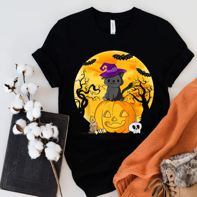 Halloween Black Cat Costume Witch Hat & Moon Pumpkin Cute Shirts