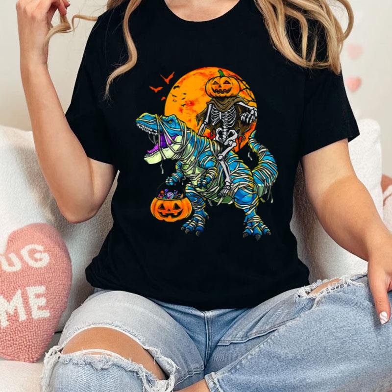 Jack O Lantern Skeleton Riding Mummy Dinosaur Halloween Shirts