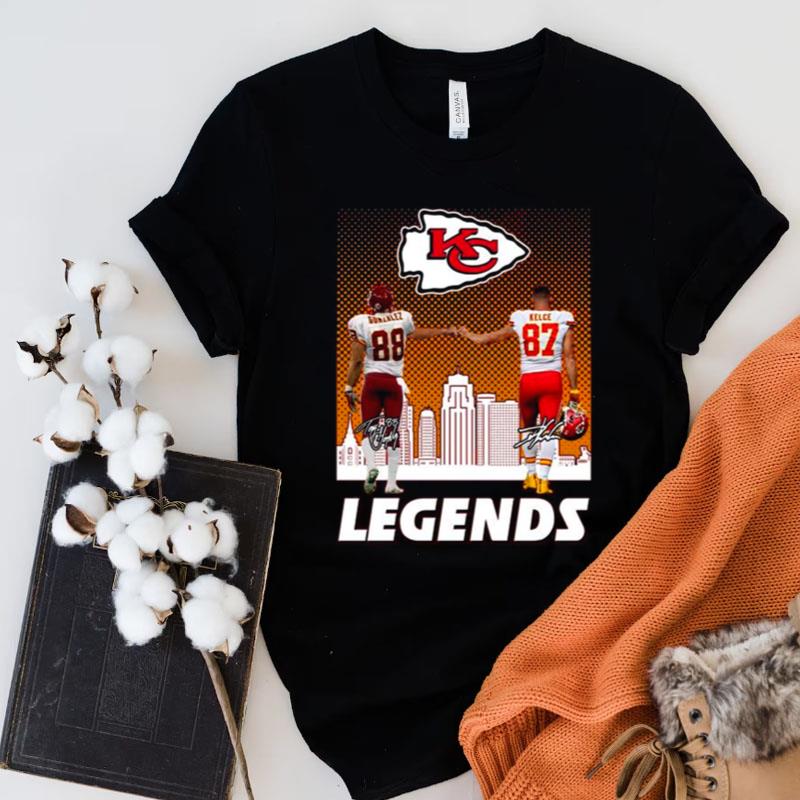Kansas City Chiefs City Skyline Legends 88 Gonzalez And 87 Kelce Signature Shirts
