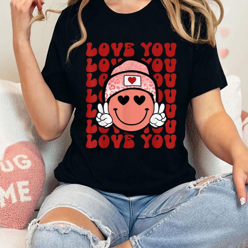 Love You Smile Face With Beanie Hat Leopard Valentine's Day Shirts