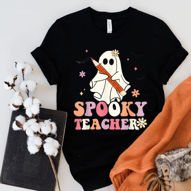 Spooky Teacher Ghost Halloween Groovy Retro Trick Or Treat Shirts
