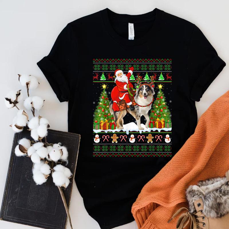 Xmas Ugly Santa Riding Australian Shepherd Dog Christmas Shirts