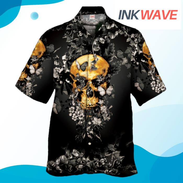 Black And White Leaves Flowers Butterfly Gold Skull Hawaiian Shirt
