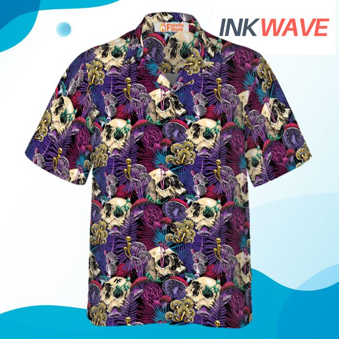 Bright Magic Psychedelic Mushrooms And Skulls Hawaiian Shirt