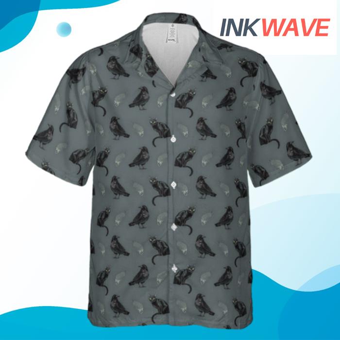 Cat And Raven Edgar Allan Poe Pattern Hawaiian Shirt
