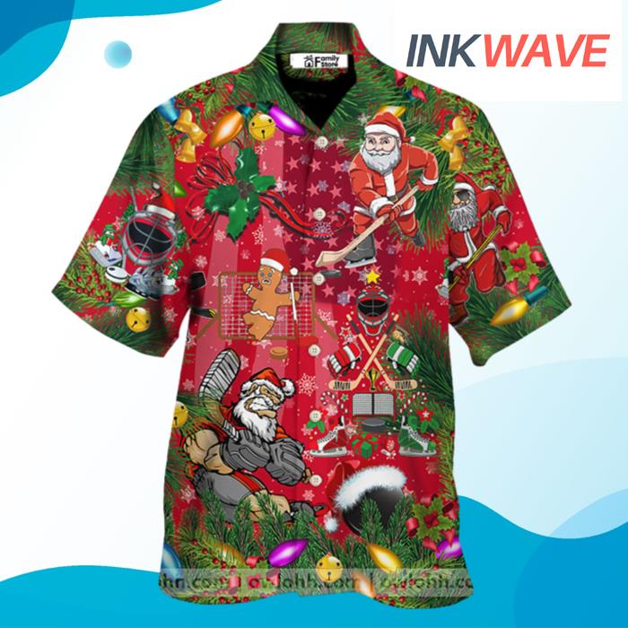 Christmas Come On Play Hockey With Santa Claus And Reindeer Hawaiian Shirt
