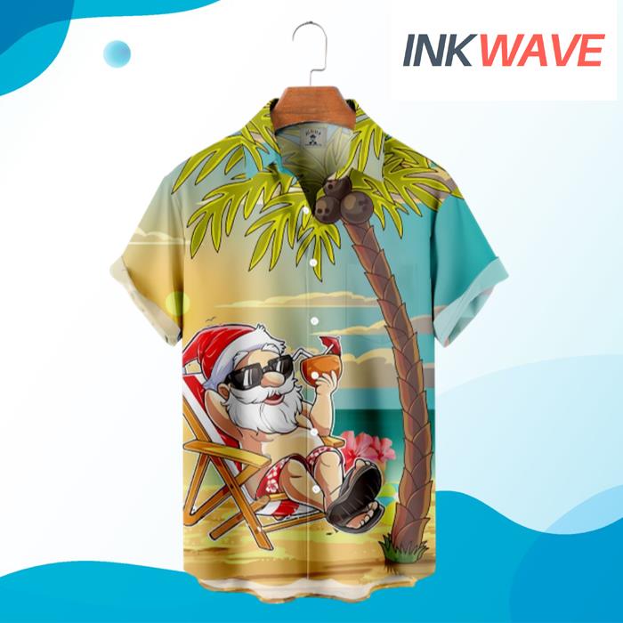 Christmas In Beach Santa Drinks A Coconut Hawaiian Shirt