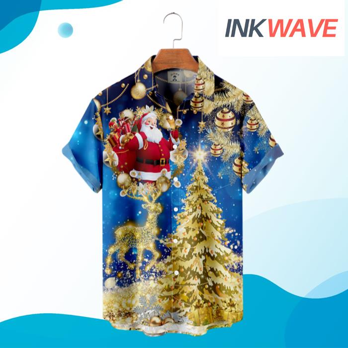 Christmas Santa Claus Reindeer And Golden Balls Hawaiian Shirt