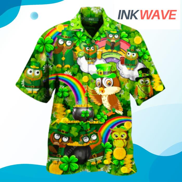Irish Owl Patricks Day Shamrock Green Hawaiian Shirt