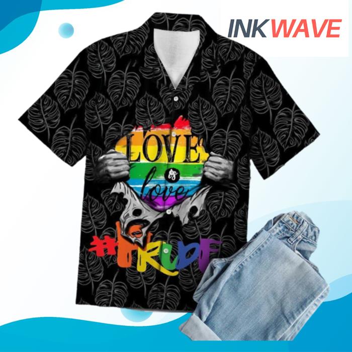LGBT Love Is Love Inside Black White Tropical Leaves Hawaiian Shirt