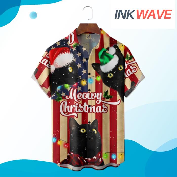 Meowy Christmas American Flag Black Cat Hawaiian Shirt