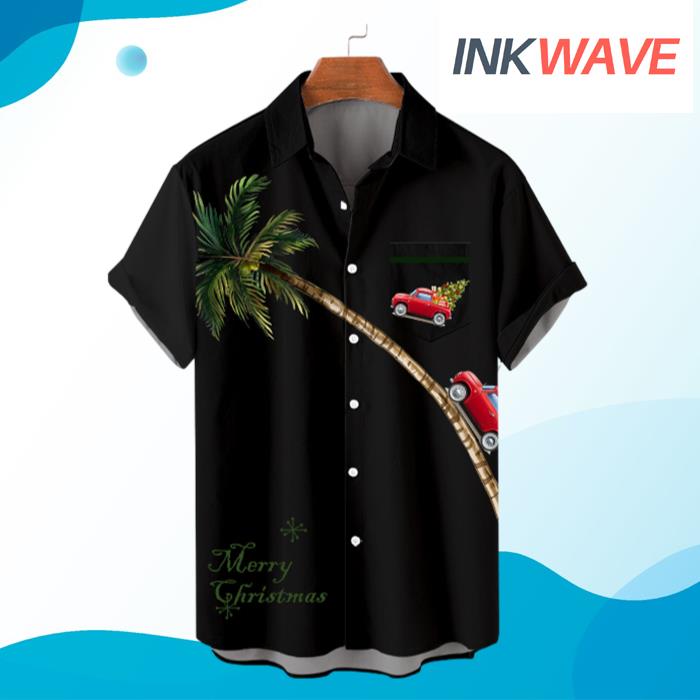 Merry Christmas Car And Coconut Tree Black Hawaiian Shirt