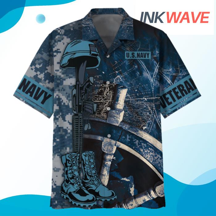 Navy Guns And Steering Wheel Of A Ship U.S Navy Veteran Hawaiian Shirt