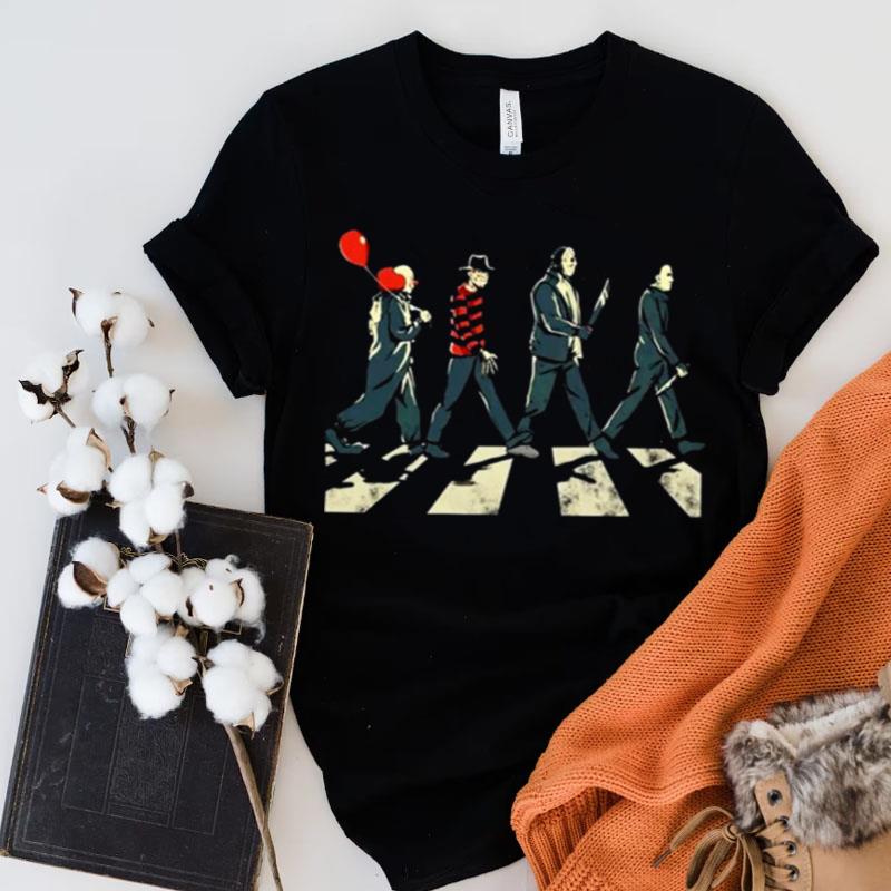 Pennywise Freddy Krueger Jason Voorhees And Michael Myers Abbey Road Halloween Shirts