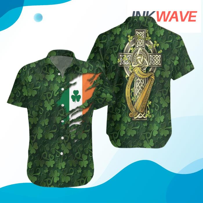 Saint Patrick's Day Shamrock Celtic Cross Harp Irish Hawaiian Shirt