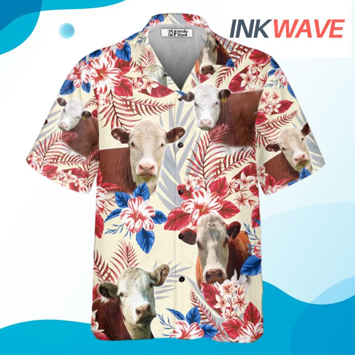 Unique Hereford Cattle Texas Flag Flowers All Over Printed 3D Hawaiian Shirt